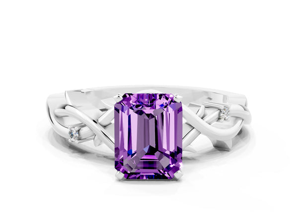 Silver Emerald Cut Amethyst Solitaire Ring with Twisted Band and Prong Setting