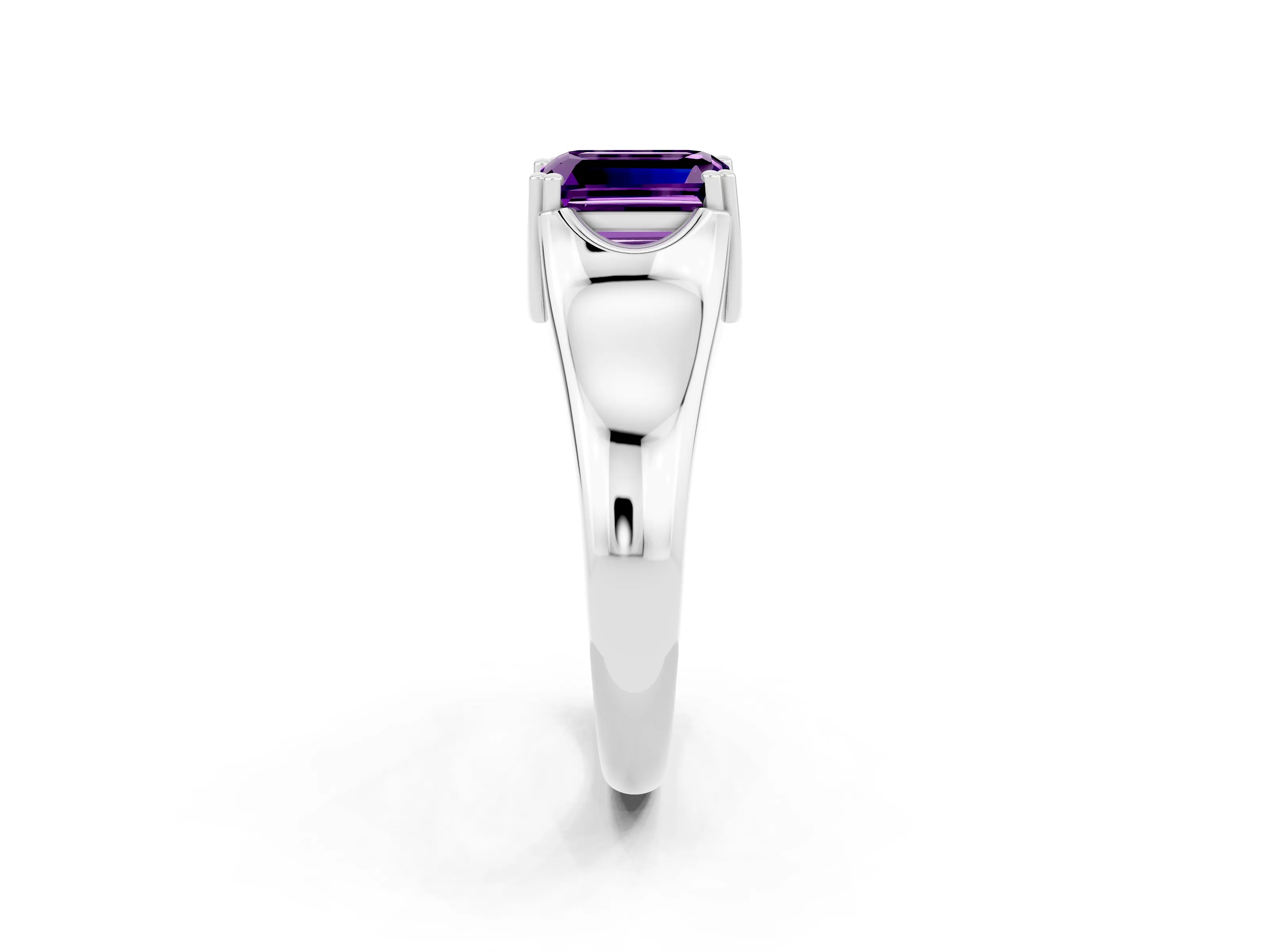 White gold Emerald Cut Amethyst Solitaire Ring with Wide Band and Prong Setting_2