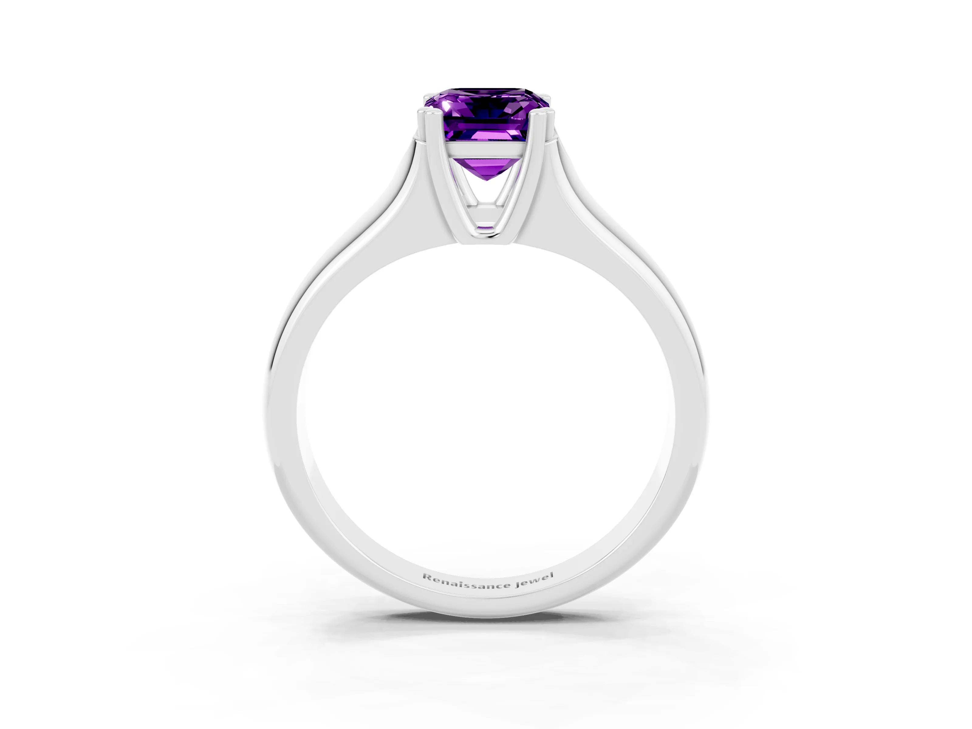 White gold Emerald Cut Amethyst Solitaire Ring with Wide Band and Prong Setting_3
