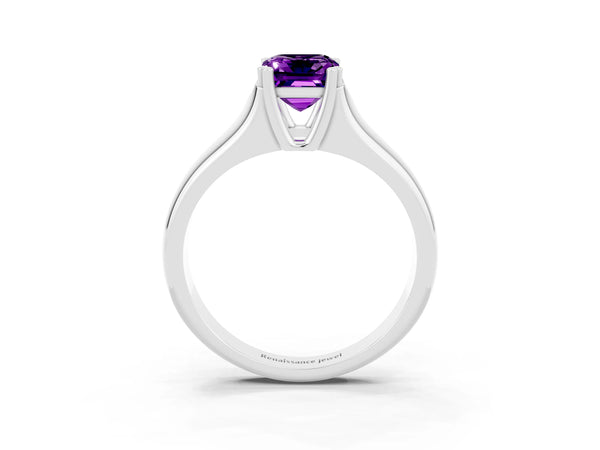 Platinum Emerald Cut Amethyst Solitaire Ring with Wide Band and Prong Setting