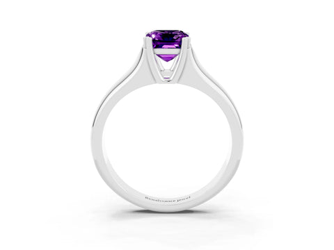 White gold Emerald Cut Amethyst Solitaire Ring with Wide Band and Prong Setting_3