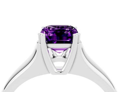 White gold Emerald Cut Amethyst Solitaire Ring with Wide Band and Prong Setting_4