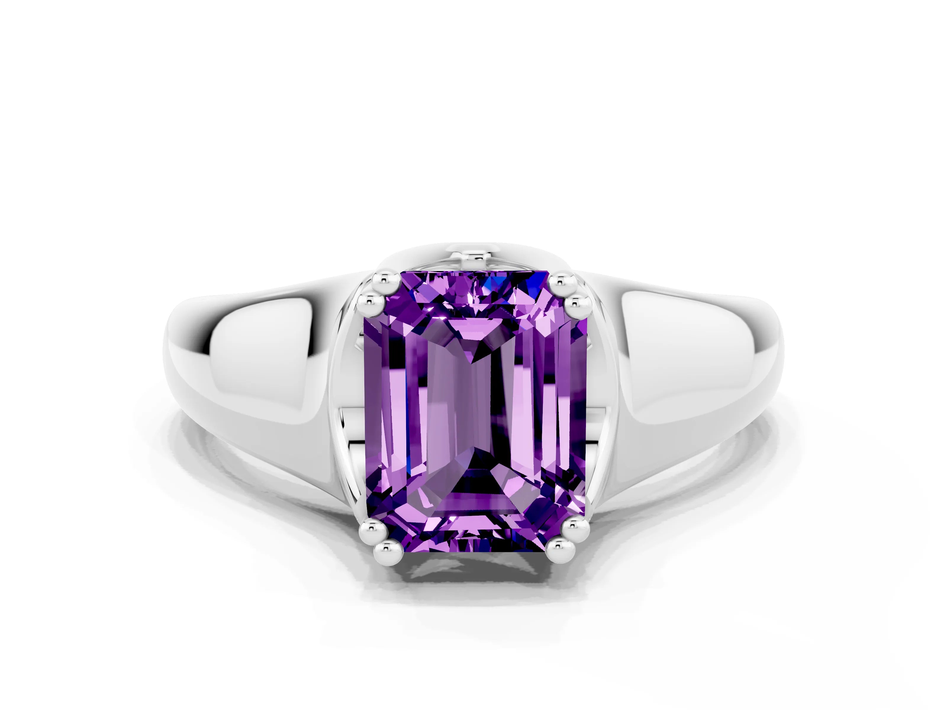 White gold Emerald Cut Amethyst Solitaire Ring with Wide Band and Prong Setting