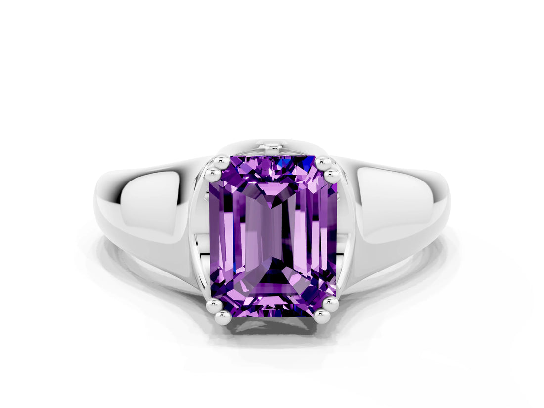White gold Emerald Cut Amethyst Solitaire Ring with Wide Band and Prong Setting
