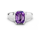 White gold Emerald Cut Amethyst Solitaire Ring with Wide Band and Prong Setting