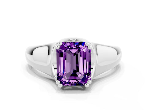 White gold Emerald Cut Amethyst Solitaire Ring with Wide Band and Prong Setting