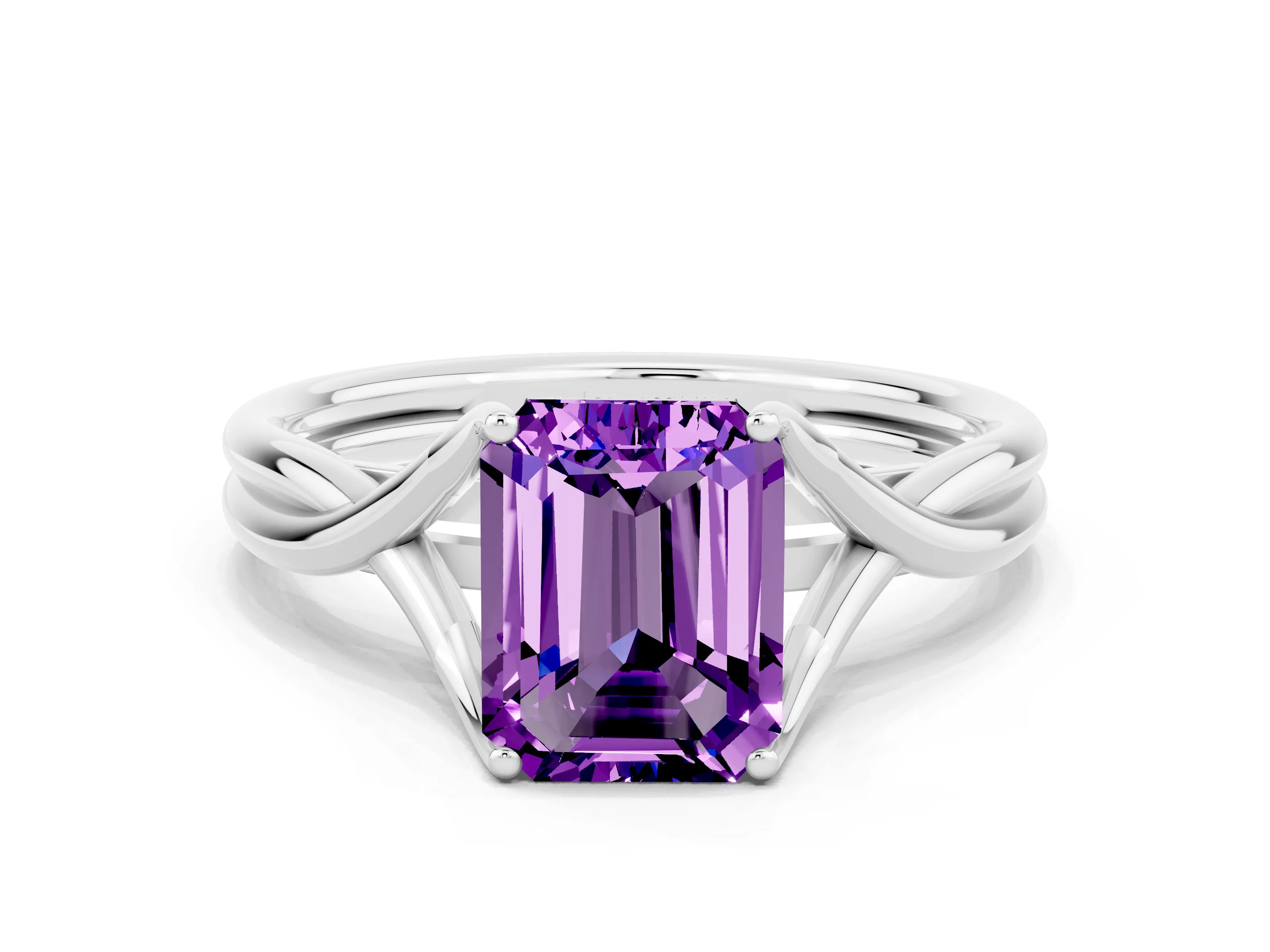 White gold Emerald Cut Amethyst Solitaire Twist Band Prong Setting Ring_36