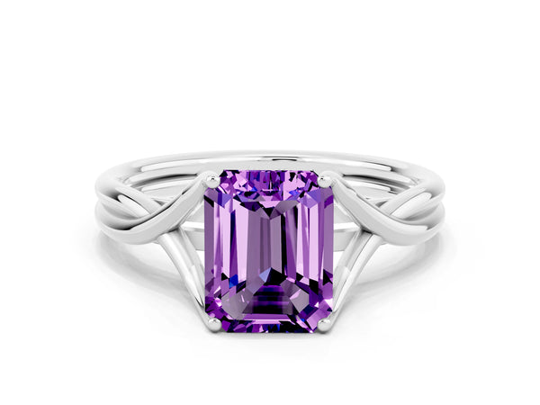 White gold Emerald Cut Amethyst Solitaire Twist Band Prong Setting Ring