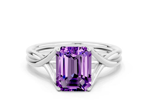 White gold Emerald Cut Amethyst Solitaire Twist Band Prong Setting Ring_36