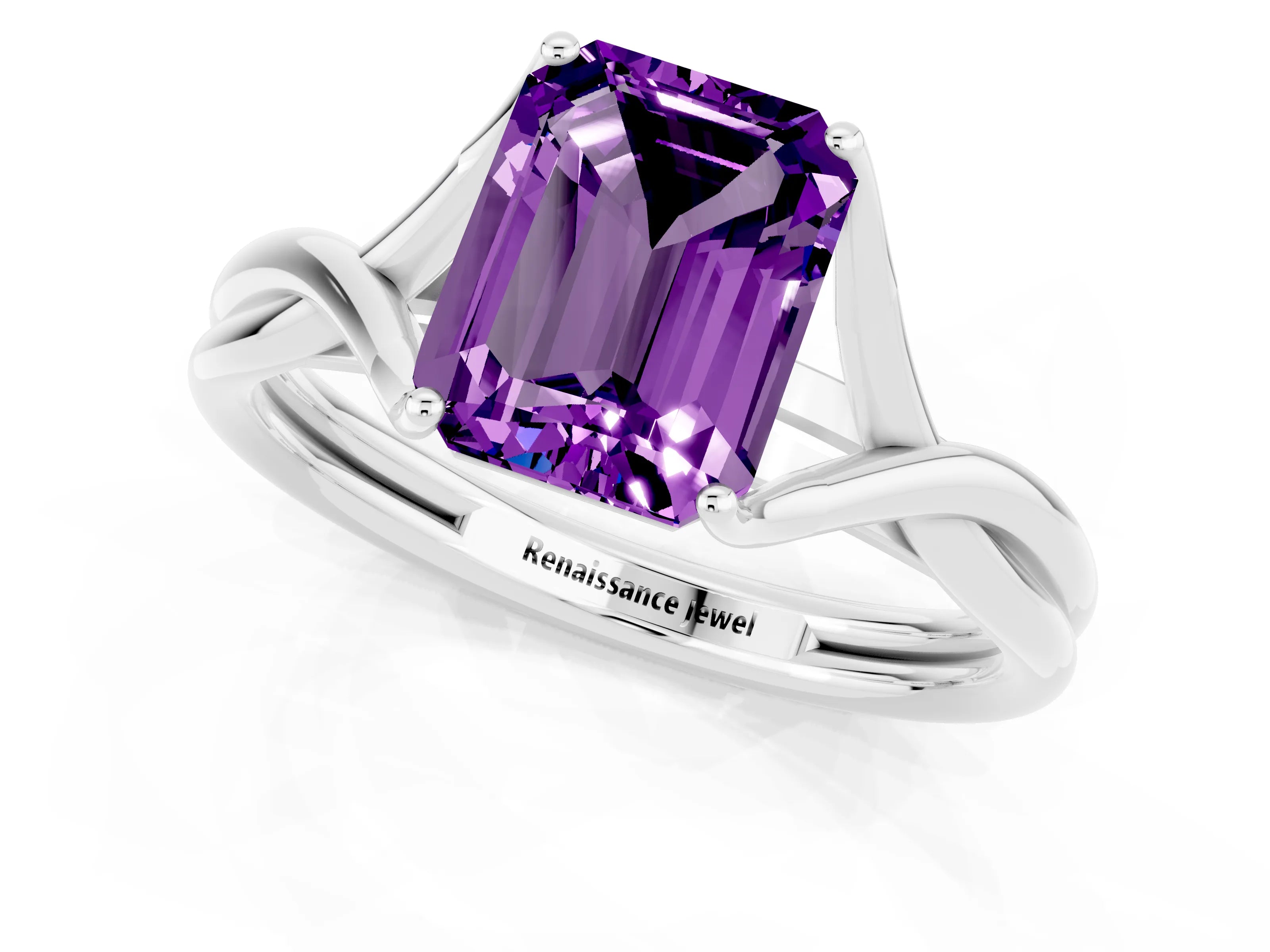 White gold Emerald Cut Amethyst Solitaire Twist Band Prong Setting Ring_37