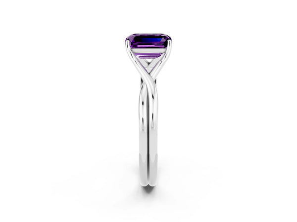 White gold Emerald Cut Amethyst Solitaire Twist Band Prong Setting Ring