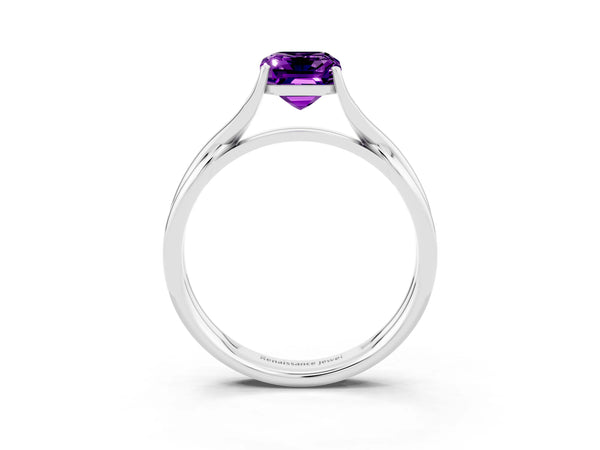 White gold Emerald Cut Amethyst Solitaire Twist Band Prong Setting Ring