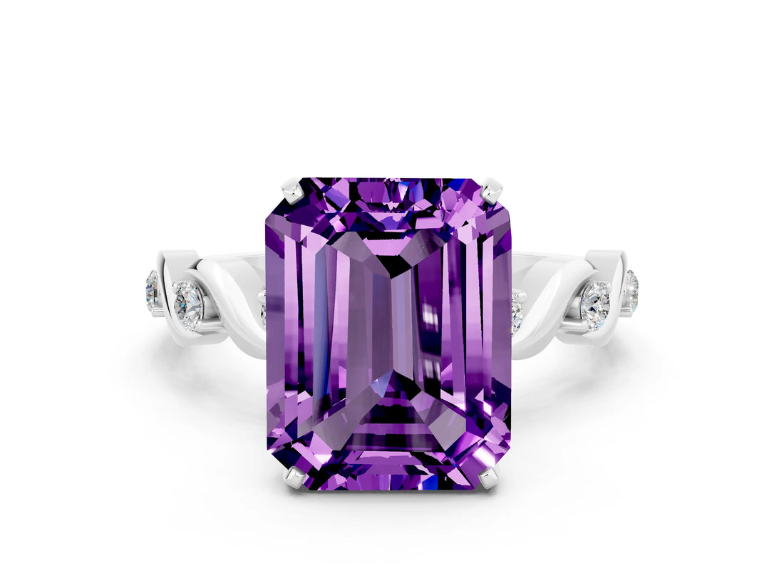 White gold Emerald Cut Amethyst Solitaire Twisted Band with Round  Accents and Prong Setting_12