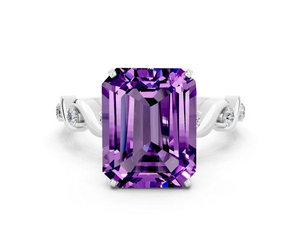 Platinum Emerald Cut Amethyst Solitaire Twisted Band with Round  Accents and Prong Setting