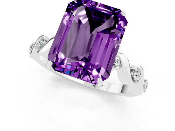 Silver Emerald Cut Amethyst Solitaire Twisted Band with Round  Accents and Prong Setting