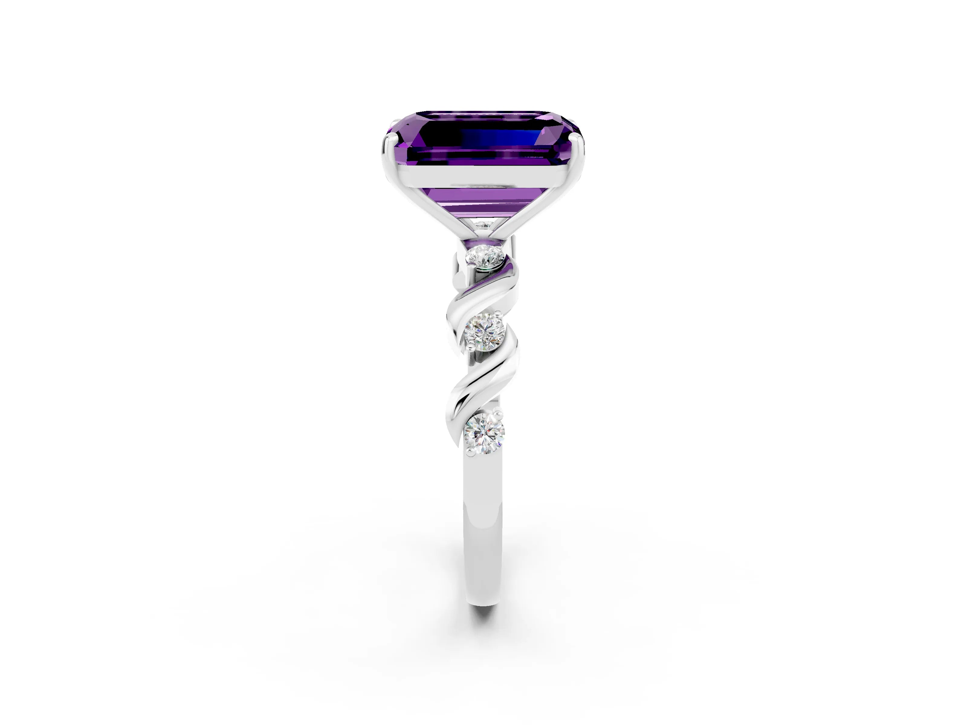 White gold Emerald Cut Amethyst Solitaire Twisted Band with Round  Accents and Prong Setting_14