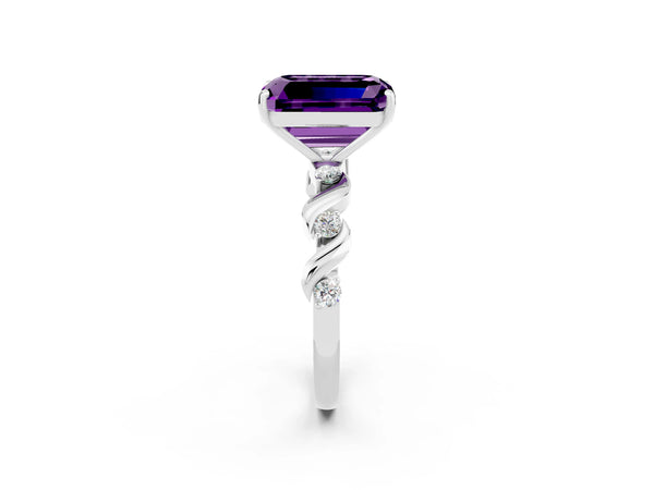 White gold Emerald Cut Amethyst Solitaire Twisted Band with Round  Accents and Prong Setting