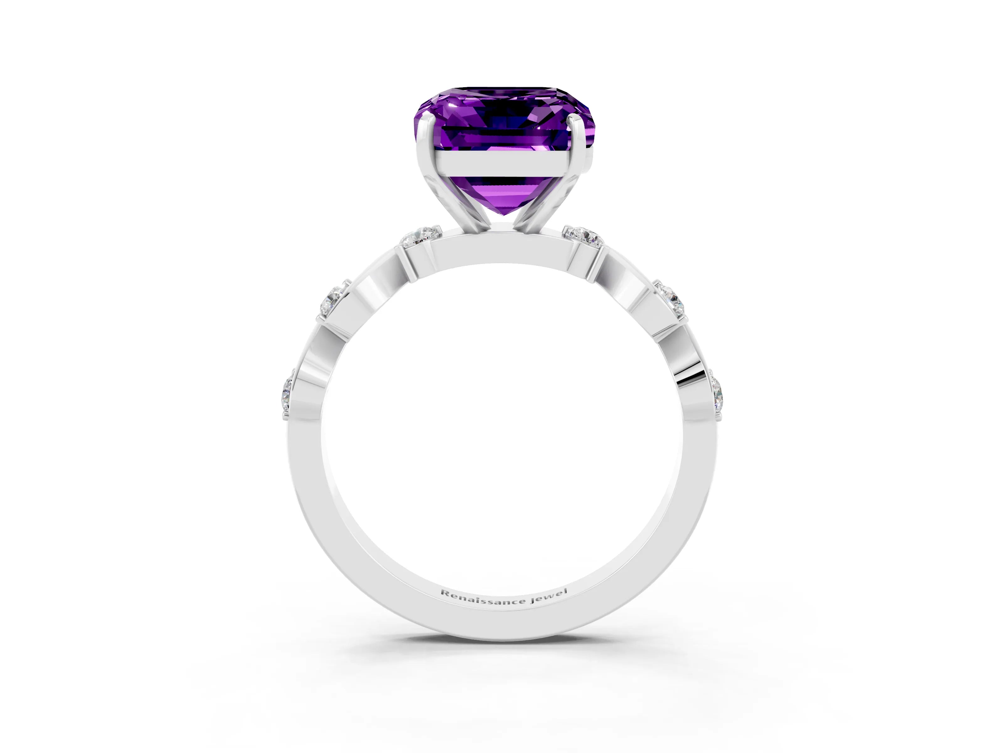White gold Emerald Cut Amethyst Solitaire Twisted Band with Round  Accents and Prong Setting_15