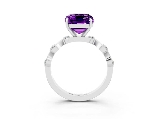 Silver Emerald Cut Amethyst Solitaire Twisted Band with Round  Accents and Prong Setting