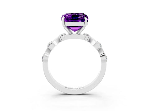 White gold Emerald Cut Amethyst Solitaire Twisted Band with Round  Accents and Prong Setting_15