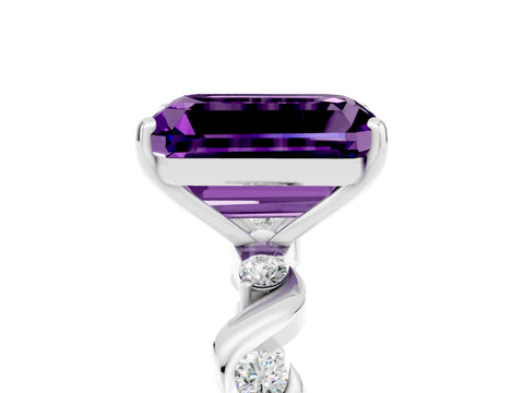 White gold Emerald Cut Amethyst Solitaire Twisted Band with Round  Accents and Prong Setting_17