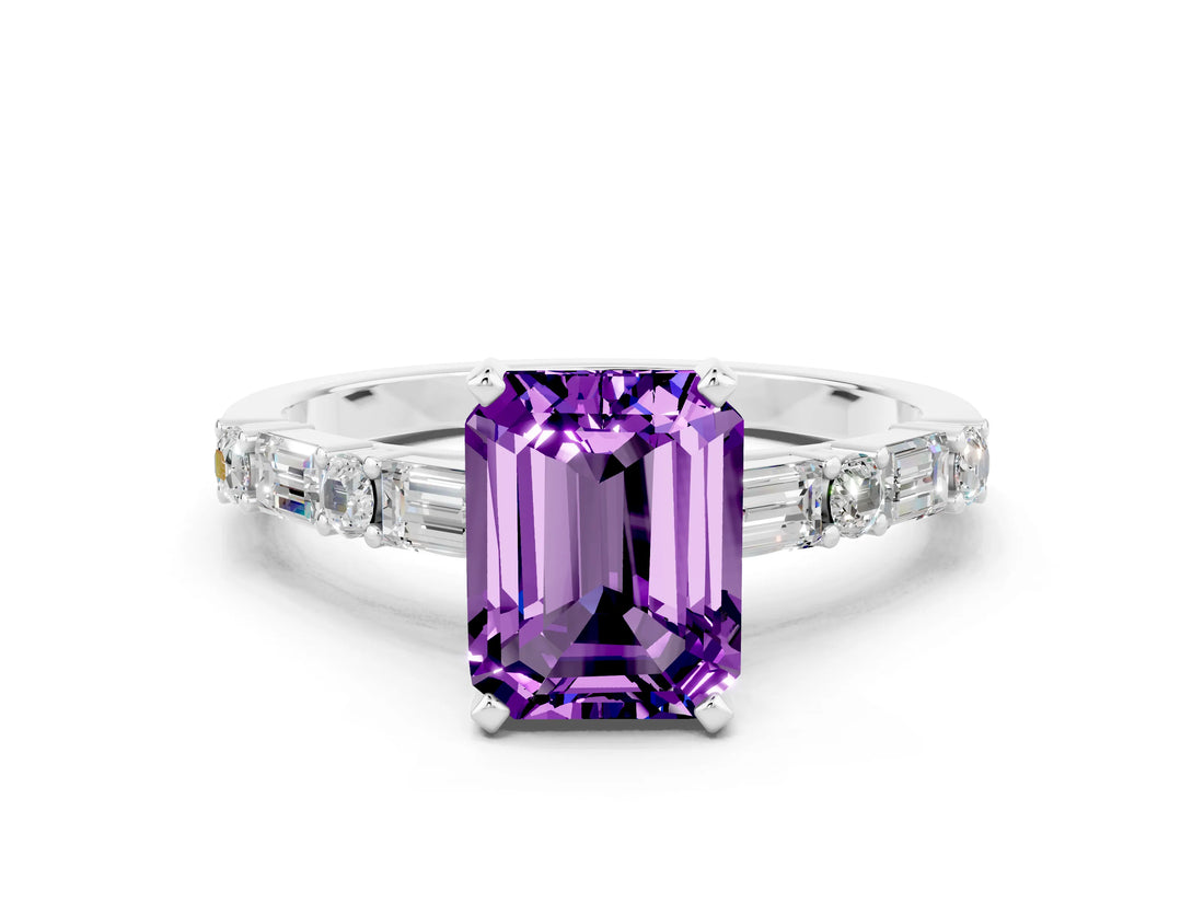 White gold Emerald Cut Amethyst Solitaire with Side Baguettes and Channel Set Band
