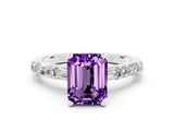 White gold Emerald Cut Amethyst Solitaire with Side Baguettes and Channel Set Band