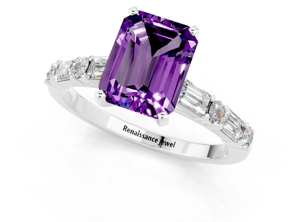 Platinum Emerald Cut Amethyst Solitaire with Side Baguettes and Channel Set Band