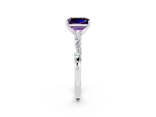 Silver Emerald Cut Amethyst Solitaire with Side Baguettes and Channel Set Band