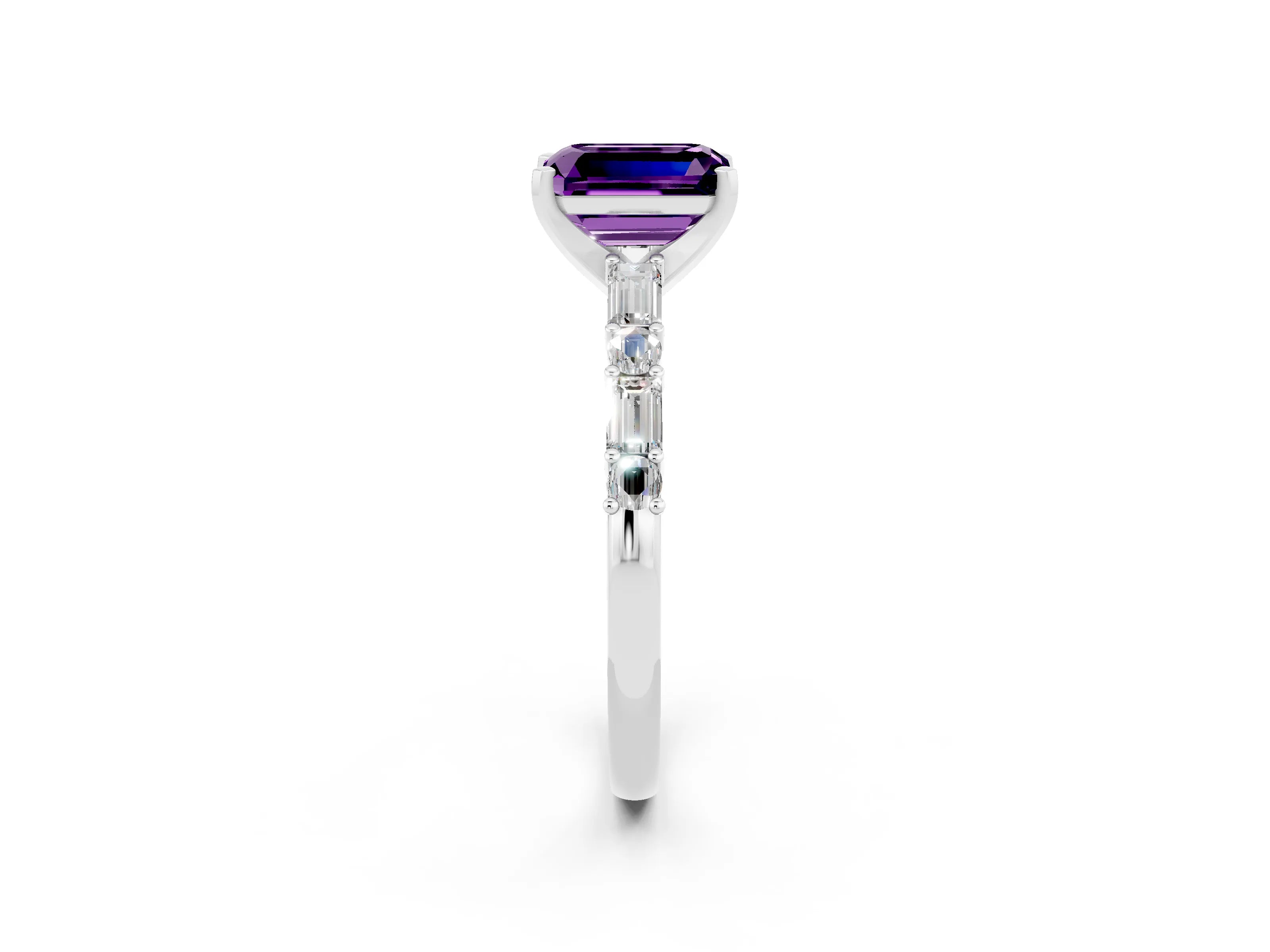 White gold Emerald Cut Amethyst Solitaire with Side Baguettes and Channel Set Band_2