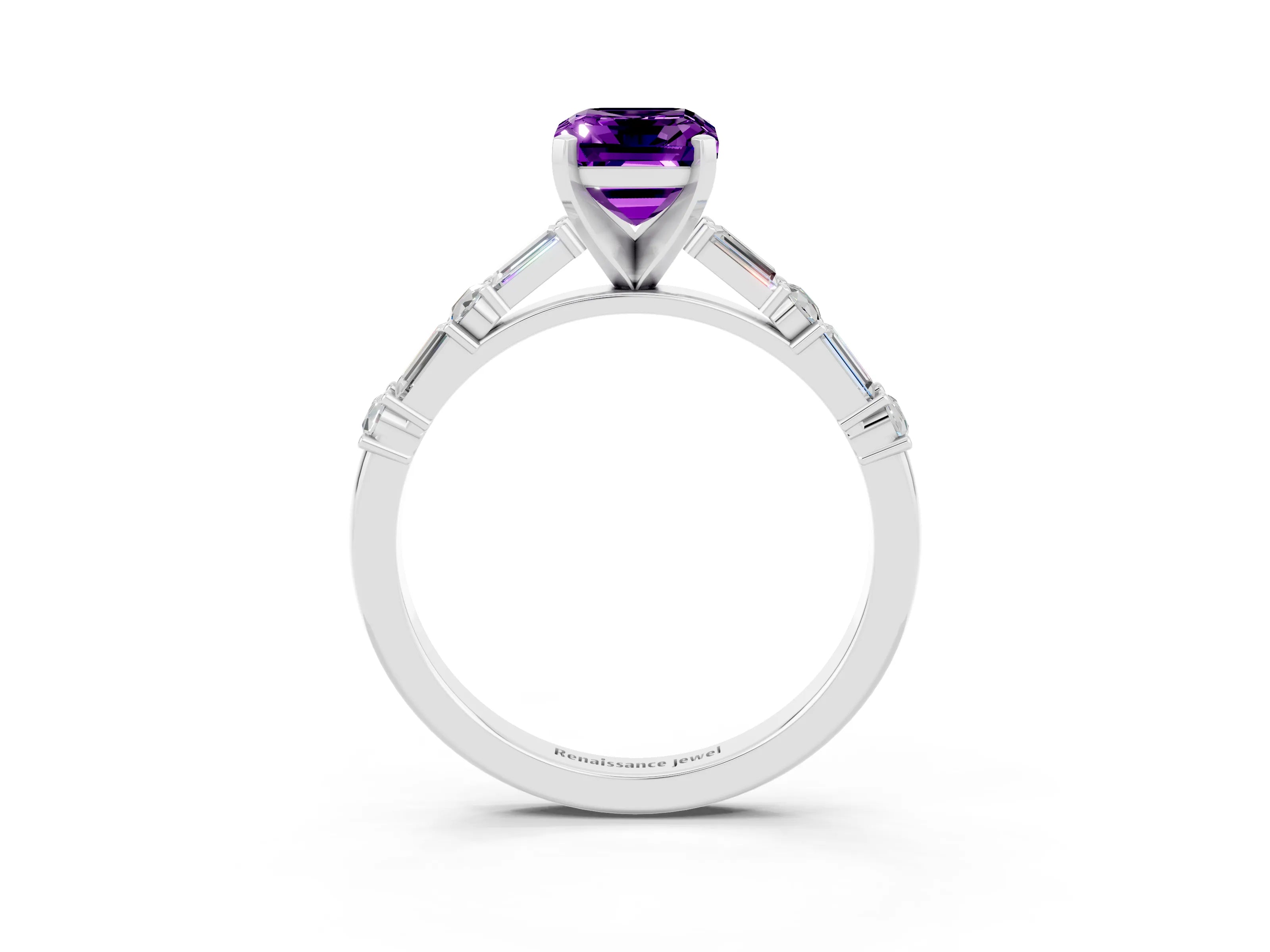 White gold Emerald Cut Amethyst Solitaire with Side Baguettes and Channel Set Band_3