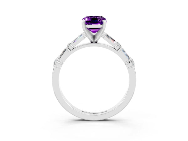 Silver Emerald Cut Amethyst Solitaire with Side Baguettes and Channel Set Band