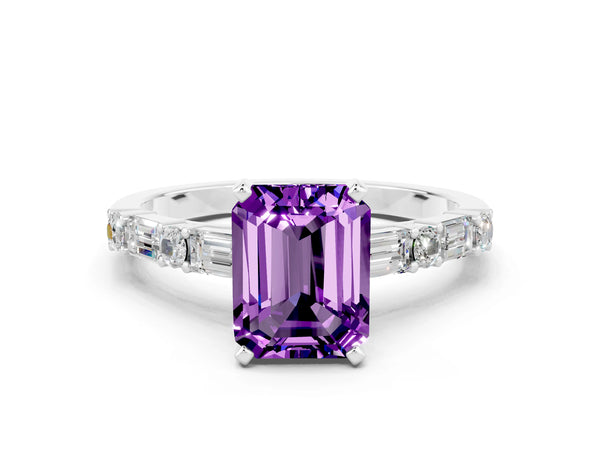 Silver Emerald Cut Amethyst Solitaire with Side Baguettes and Channel Set Band
