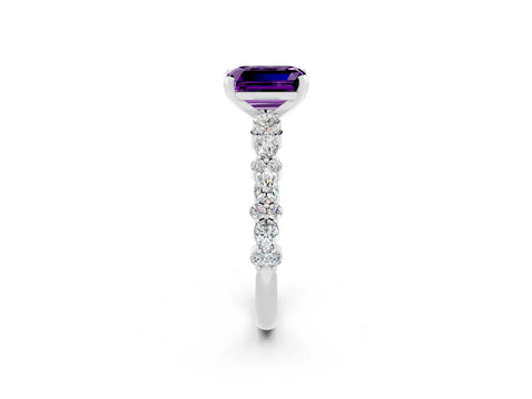 White gold Emerald Cut Amethyst Solitaire with Side Stones, Pave Band, Four-Prong Setting_74