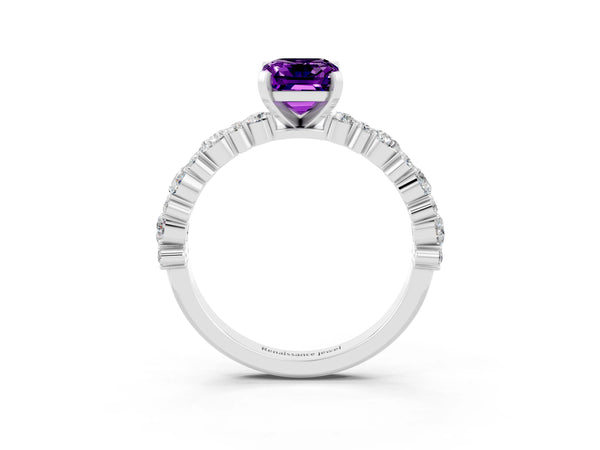 White gold Emerald Cut Amethyst Side Stone Solitaire Ring with Round  and Four-Prong Setting
