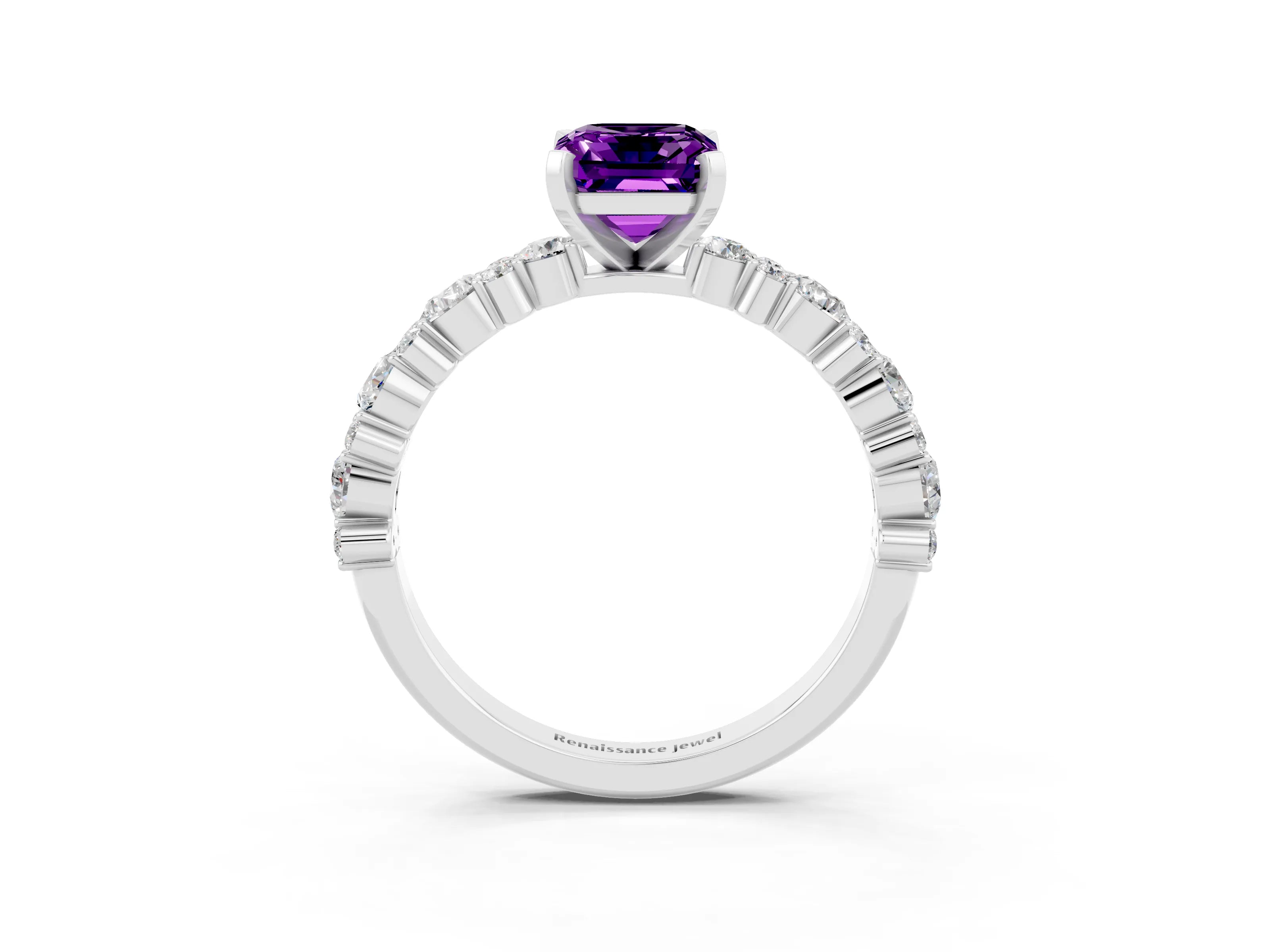 White gold Emerald Cut Amethyst Solitaire with Side Stones, Pave Band, Four-Prong Setting_75