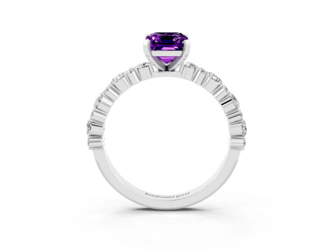 White gold Emerald Cut Amethyst Solitaire with Side Stones, Pave Band, Four-Prong Setting_75