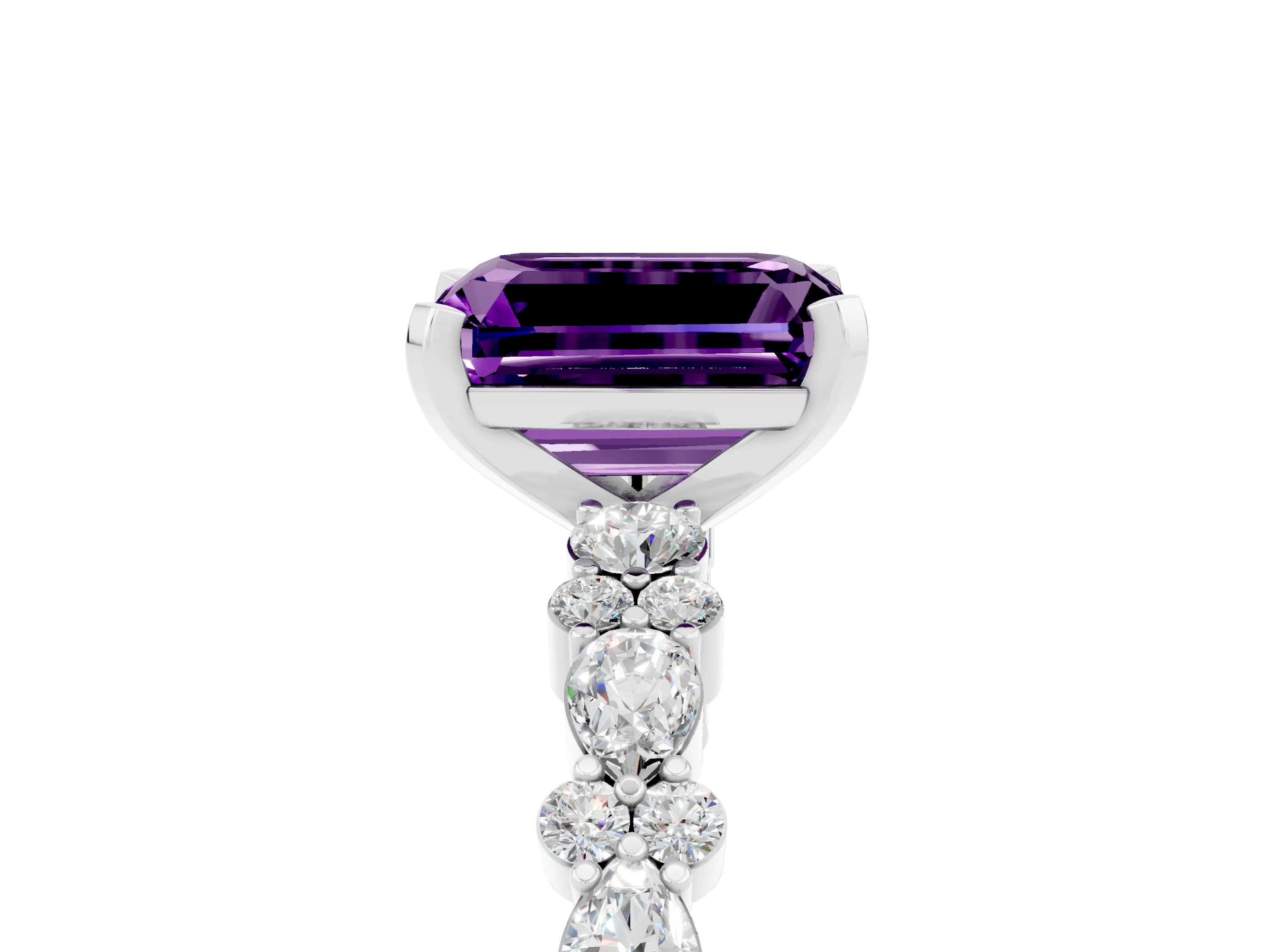 White gold Emerald Cut Amethyst Solitaire with Side Stones, Pave Band, Four-Prong Setting_77