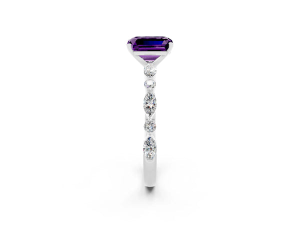 Platinum Emerald Cut Amethyst Ring with Marquise and Round  Side Stones and Four-Prong Setting