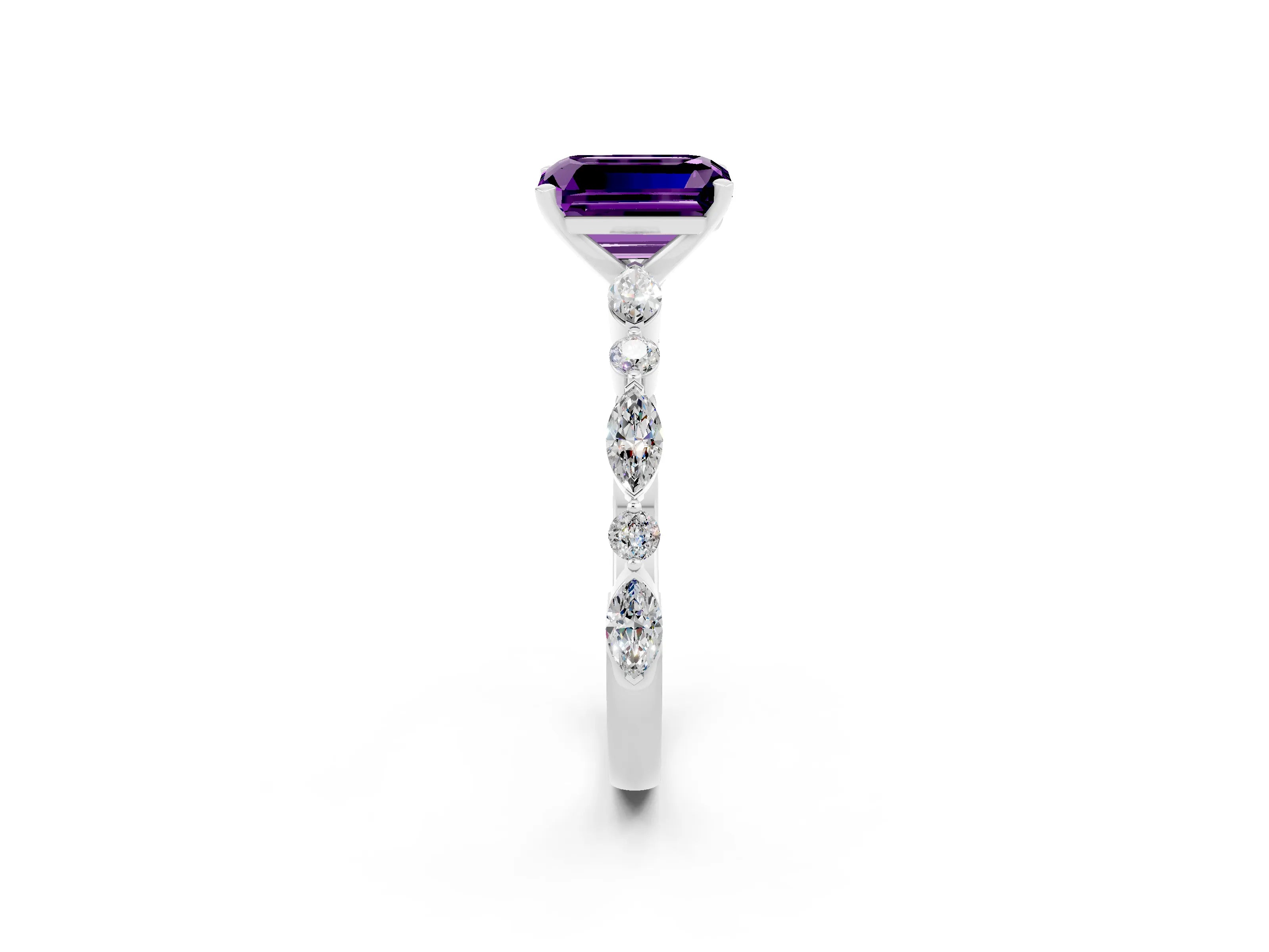White gold Emerald Cut Amethyst Solitaire with Side Stones on a Pavé Band and Four-Prong Setting_2