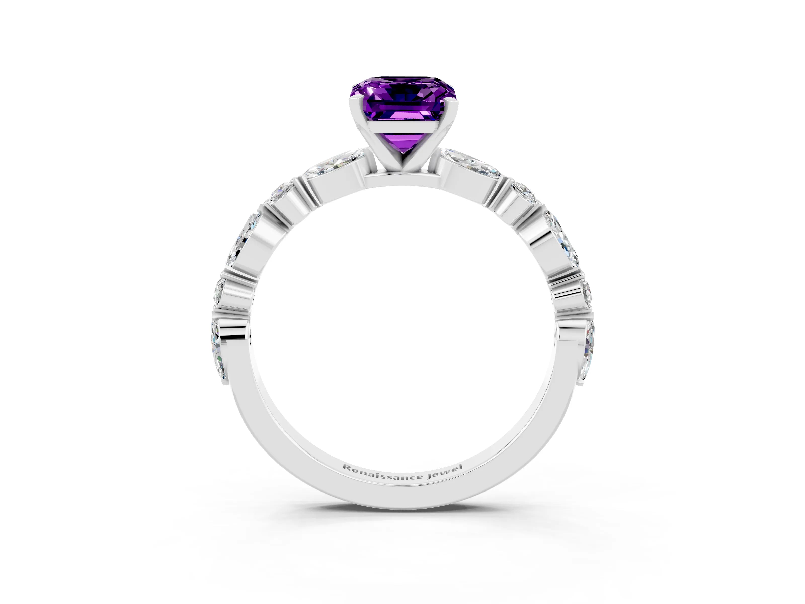 White gold Emerald Cut Amethyst Solitaire with Side Stones on a Pavé Band and Four-Prong Setting_3
