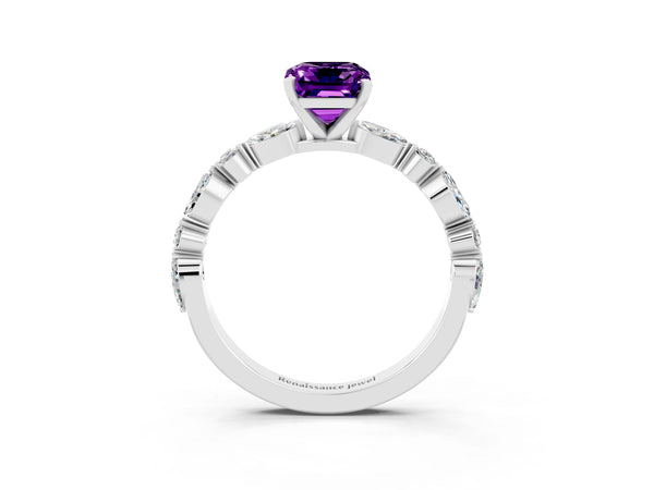 White gold Emerald Cut Amethyst Ring with Marquise and Round  Side Stones and Four-Prong Setting
