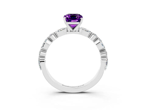 White gold Emerald Cut Amethyst Solitaire with Side Stones on a Pavé Band and Four-Prong Setting_3