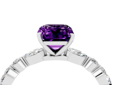 White gold Emerald Cut Amethyst Solitaire with Side Stones on a Pavé Band and Four-Prong Setting_4