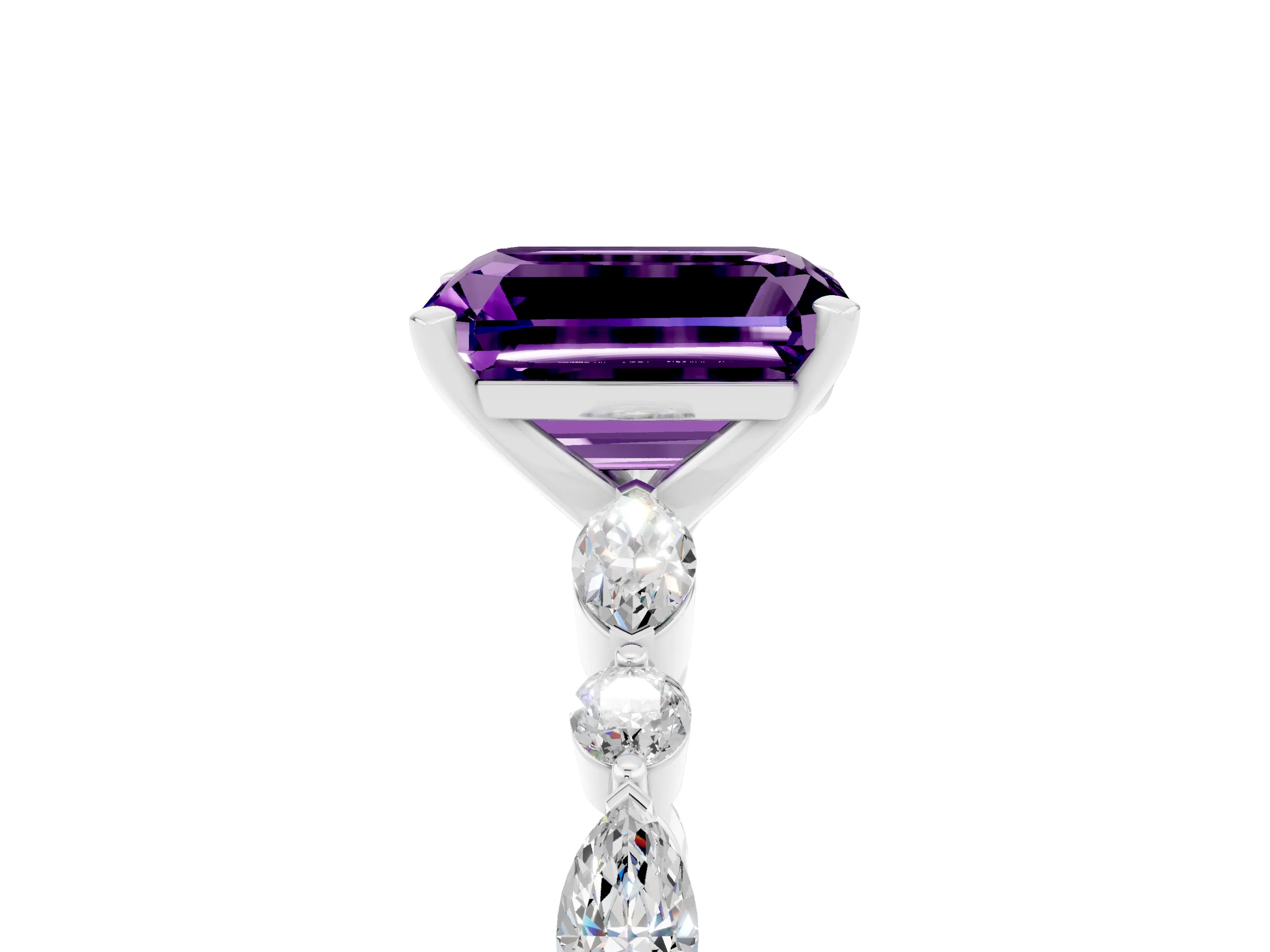 White gold Emerald Cut Amethyst Solitaire with Side Stones on a Pavé Band and Four-Prong Setting_5