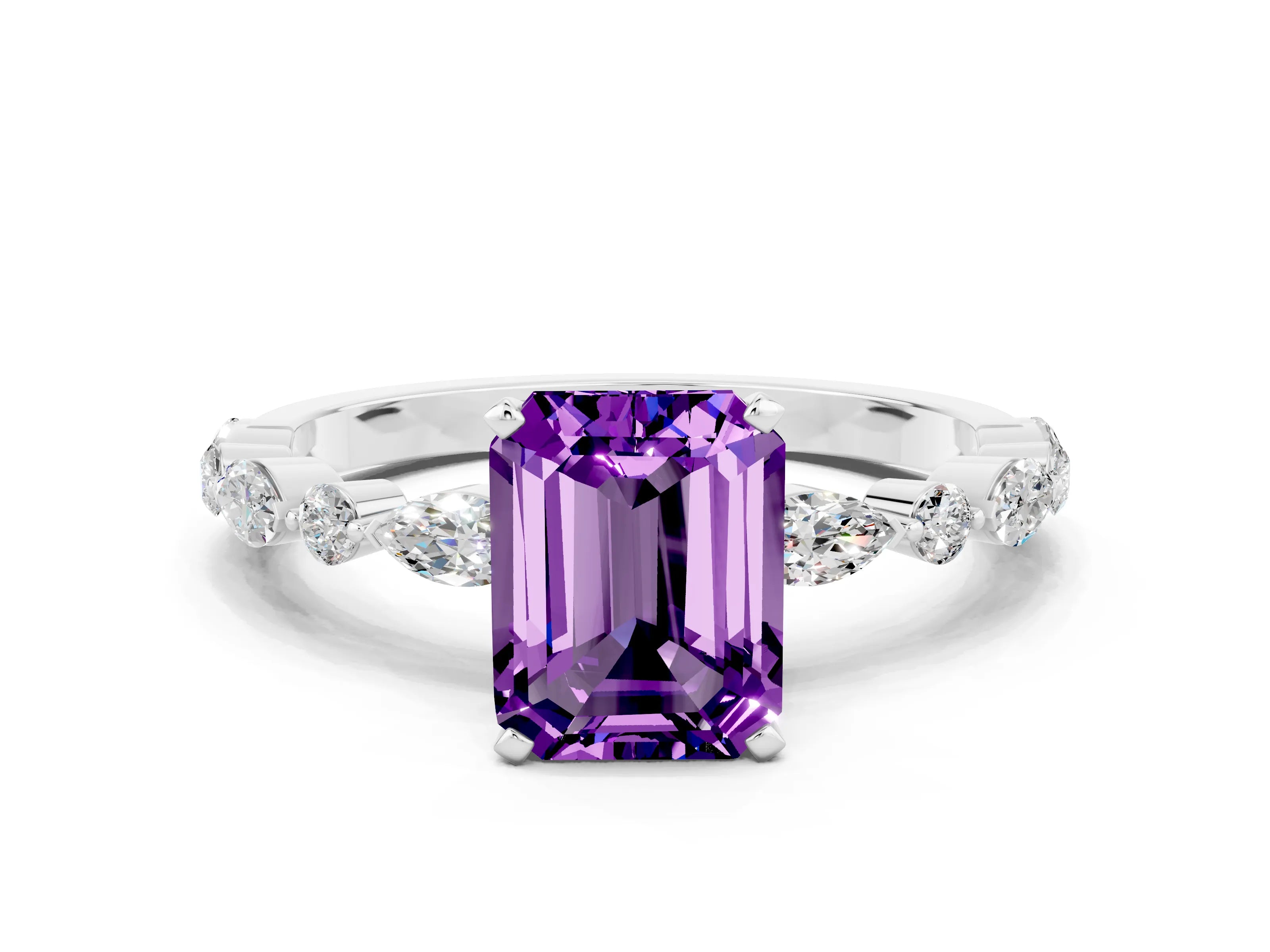 White gold Emerald Cut Amethyst Solitaire with Side Stones on a Pavé Band and Four-Prong Setting