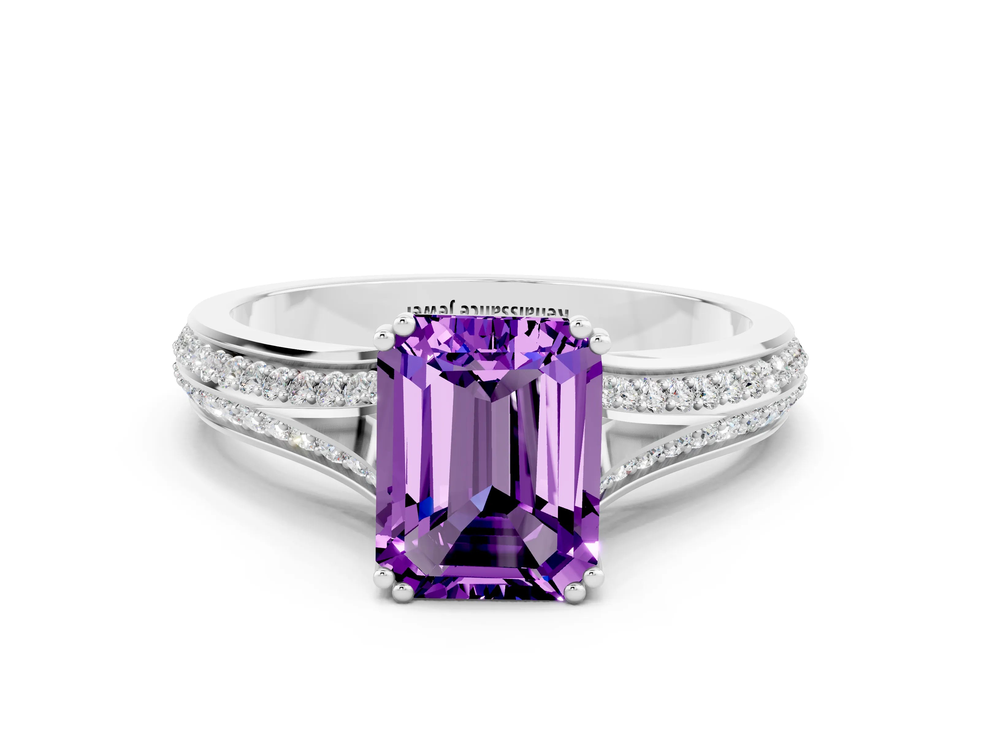 White gold Emerald Cut Amethyst Split Shank Engagement Ring with Pavé Band