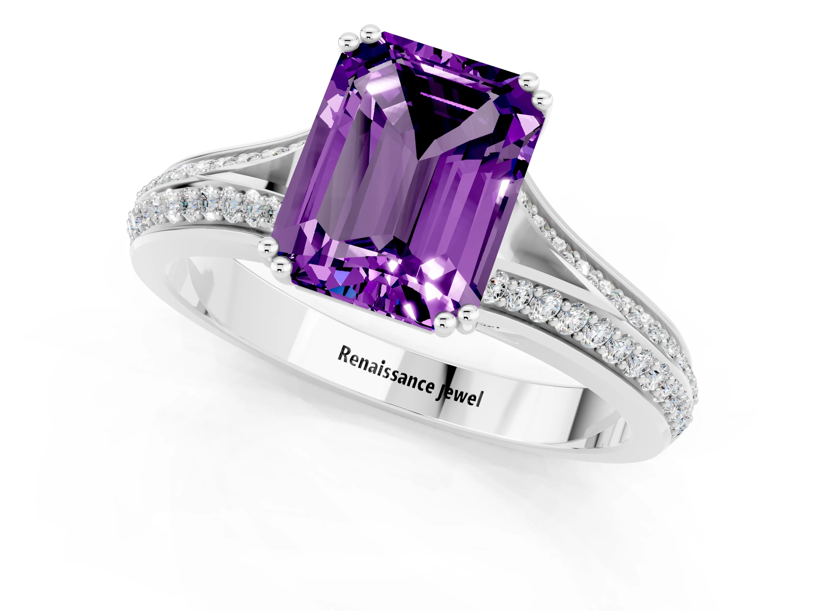 White gold Emerald Cut Amethyst Split Shank Engagement Ring with Pavé Band_1