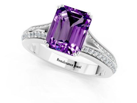 White gold Emerald Cut Amethyst Split Shank Engagement Ring with Pavé Band_1