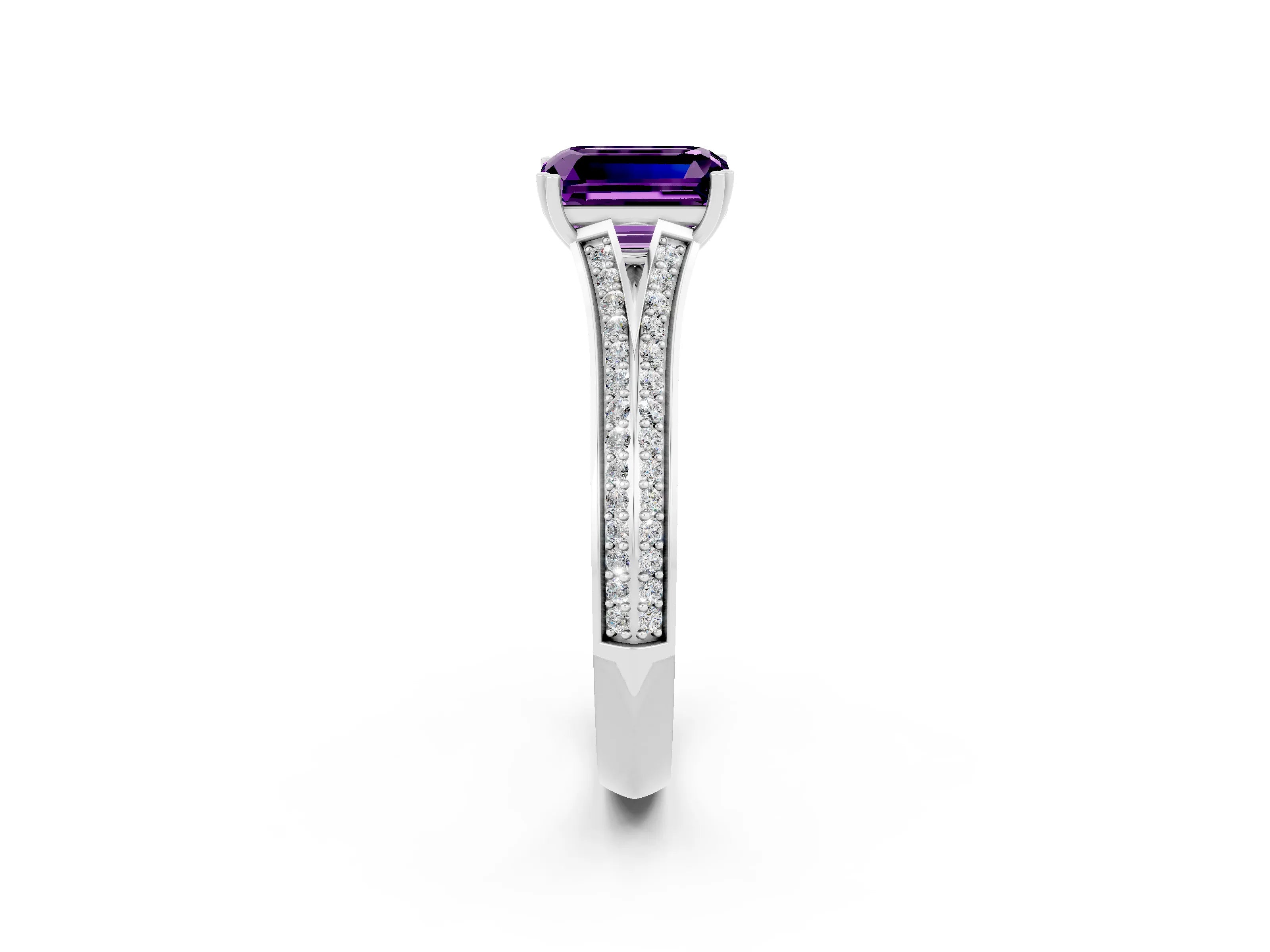 White gold Emerald Cut Amethyst Split Shank Engagement Ring with Pavé Band_2